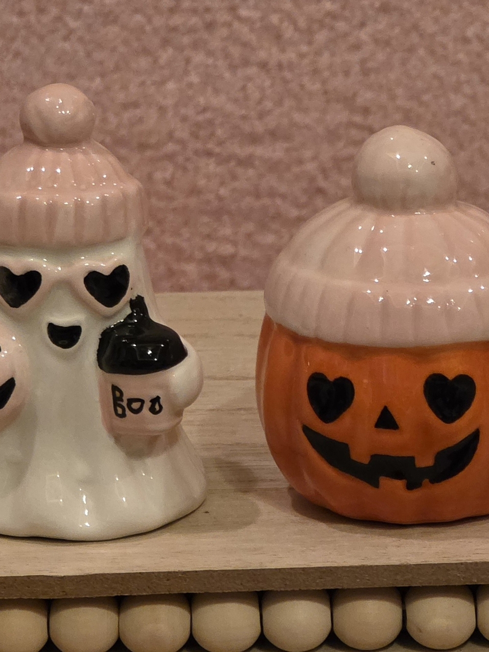 Halloween Ceramic Ghost and Pumpkin Salt & Pepper Shaker Set - Pink & Orange